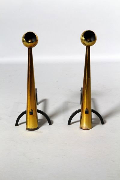 1950's Modernist Andirons: Modernist andirons, brass and cast iron, circa late 1950's, 19"h x 7"w x 16 3/4"d. Light tarnishing to bases.