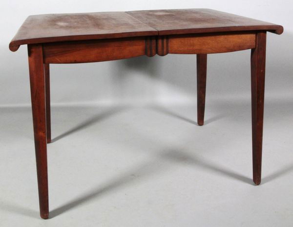 Frank Ferdinand Furniture Dining Table: Frank Ferdinand Furniture, Dudley Square, Roxbury MA, dining table, unusual form with rolled edge top, propeller form aprons, tapering 1/2 round legs, circa 1925 - 35, 30"h x 44 1/2"w x 32"d. Light we