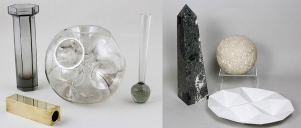 Lot of 7 Modern Items: Lot of seven items to include four vases: abstract, blown glass vase, spherical, 7 1/2"dia; Wedgewood crystal Modern vase, hexagonal, 8 1/4"h; crystal bud vase, bubbled base, 8"h; signed BCA Denmark,