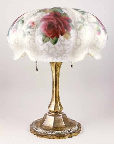 Pairpoint Puffy Table Lamp: Pairpoint, table lamp, puffy, reverse painted rose design, brass base, signed on bottom of base, 22"h x 14"d. Shade and base restored.