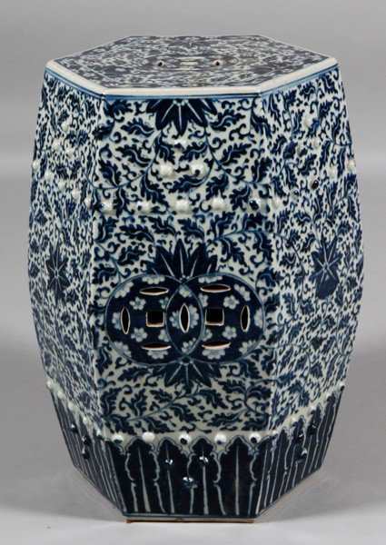 Chinese 19th C. Garden Seat: Blue and White Garden Seat, China, 19th century, the hexagonal form decorated with scrolling lotus flowers and pierced double-coin motif, 19 1/2" x 10 3/4".