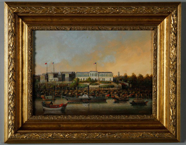 Coole, Canton Harbor, O/B: Painting, Brian Coole (b. 1939), of Canton harbor with a view of international embassies, oil on board, signed, 10" x 14 1/4", framed 16" x 20".