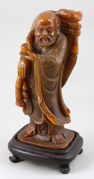 Chinese Soapstone Buddhist Figure: Buddhist Figure, China, soapstone, carved as standing and holding a cup in his hand, on wood base, 10 1/8".