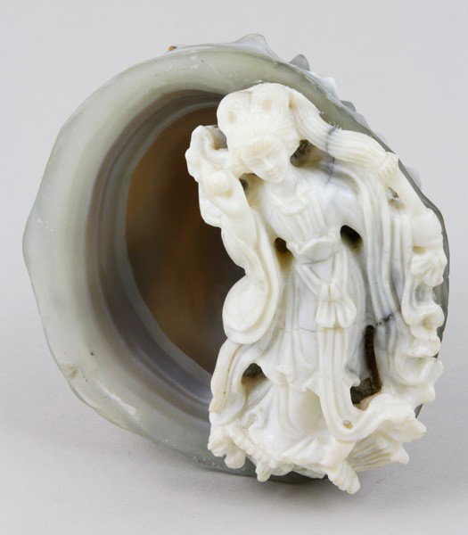 Chinese Agate Ornament: Agate Ornament, China, carved in the form of a seashell cradling a female figure, 4" x 2 3/4".