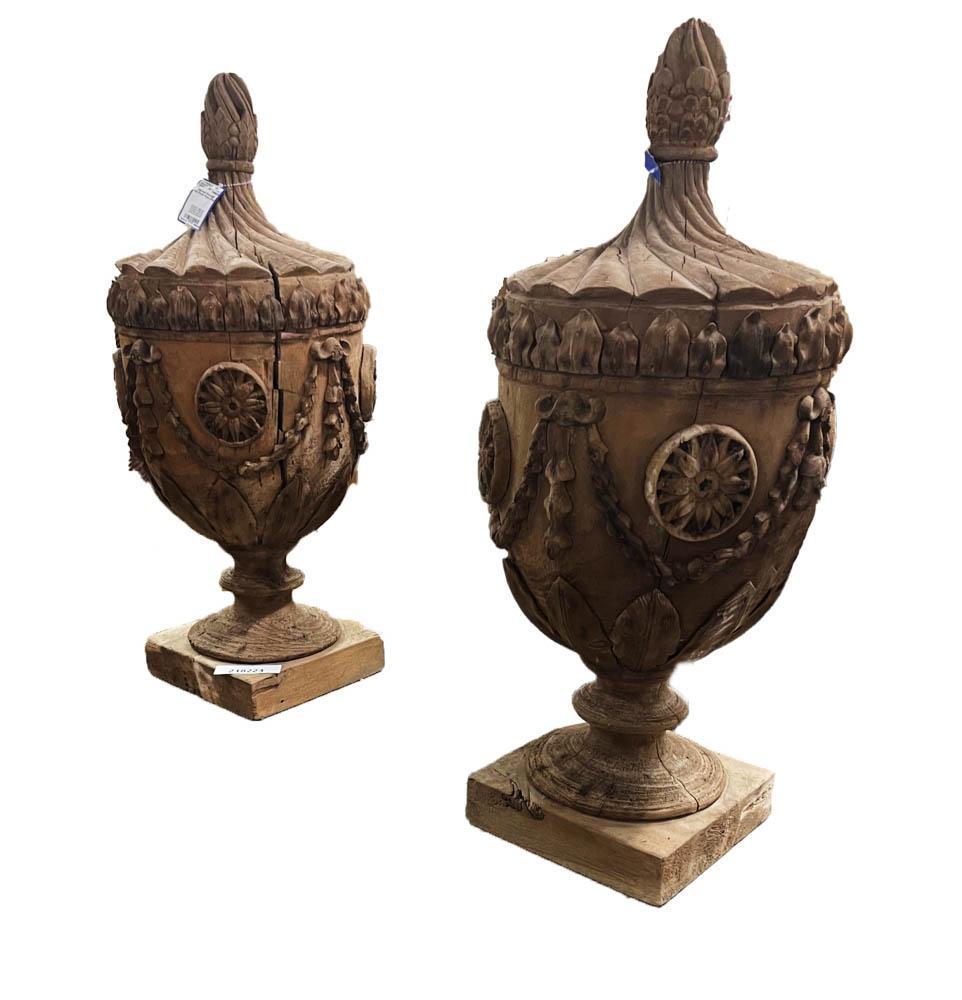 Pair of Carved Wood Urns (1 of 9)