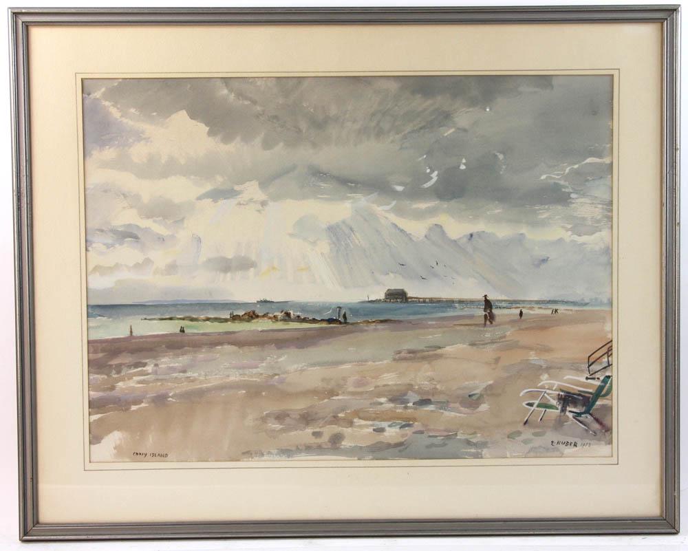 Ernst Huber Coney Island Watercolor: Ernst Huber, Coney Island, New York, watercolor on paper, signed and dated 1953, 18" x 24 1/2", framed 24" x 31".