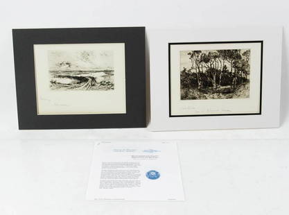 Thomas Moran and Mary Nimmo Moran Etchings: Two etchings, to include: "Morning" by Thomas Moran, 9 1/2" x 7 1/2" within mat; "Solitude" by Mary Nimmo Moran, 8" x 10" with frame.