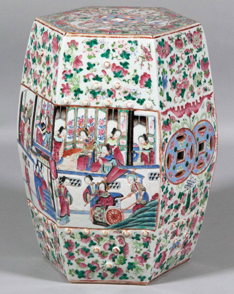 Chinese 19th C. Rose Mandarin Garden Barrel: Rose Mandarin Garden Seat, China, 19th century, the hexagonal form decorated with bats, auspicious flowers, and with panels depicting ladies in a palace scenes, pierced with double coin motif, the top