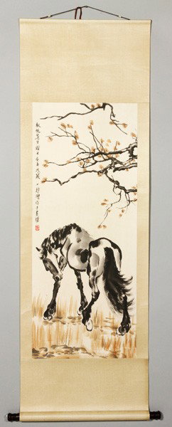 Chinese 20th C. Painting: Painting, China, 20th century, of a horse standing beneath a tree, ink and color on paper, signed Xu Beihong, 42" x 17".
