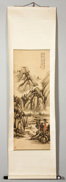 Chinese 20th C. Scroll Painting: Scroll Painting, China, 20th century, of a landscape, calligraphy upper right, ink and color on paper, signed Wang Liqun (b. 1955), 45" x 16 1/2".