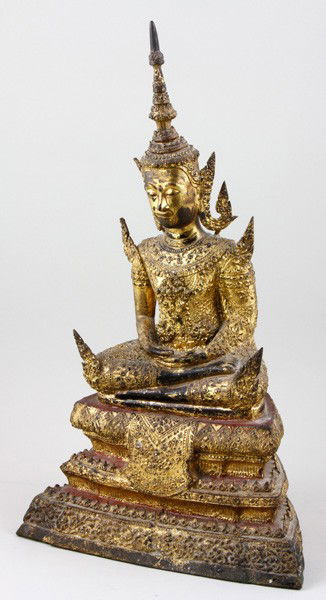 Thai 19th C. Gilt Buddha: Buddha, Thailand, 19th century, gilt bronze, seated in meditative pose on a throne, 17". Minor gilt loss.