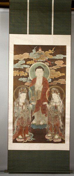 Chinese 20th C. Scroll Painting: Scroll Painting, China, 20th century, of three Buddhist figures, 65 1/2" x 35.