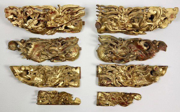 Chinese Group of Gilt Dragons: Group of Dragon Panels, China, gilt wood, total eight, largest 11".
