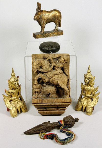 Six Chinese/Thai of Wood Items: Six Wood Items, China/Thailand, including a round box, two gilt Buddhist figurines, a plaque depicting a man on horseback, largest 10" x 7".