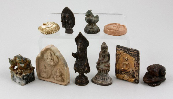 Ten Chinese Small Items: Ten Small Items, China, including three Buddhist plaques, five figurines, and a seal, largest 2 3/4" x 2 1/2".