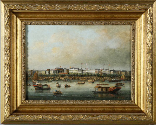 Coole, Canton Harbor, O/B: Painting, Brian Coole (b. 1939), of the Canton harbor with a view of the international embassies, oil on board, signed, 10" x 1 4 1/4", framed 16" x 20".