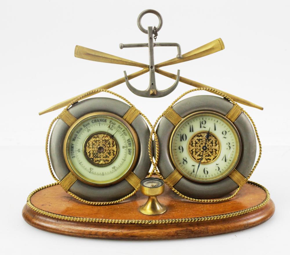 Antique Nautical Clock Barometer on Oak Base (1 of 6)