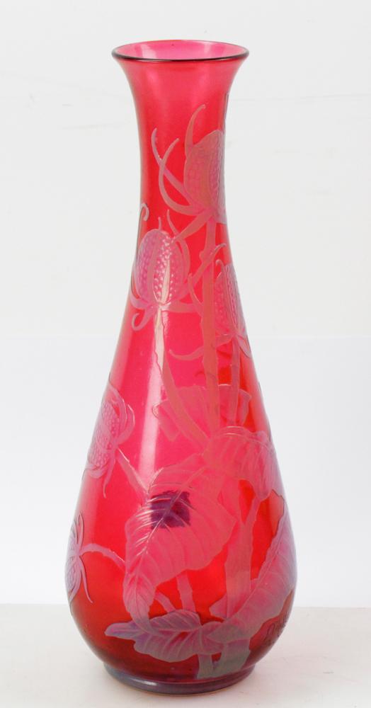 Muller Freres Art Glass Vase, Cameo Glass: Muller Freres art glass vase, cameo glass, signed on side, 14" x 5".