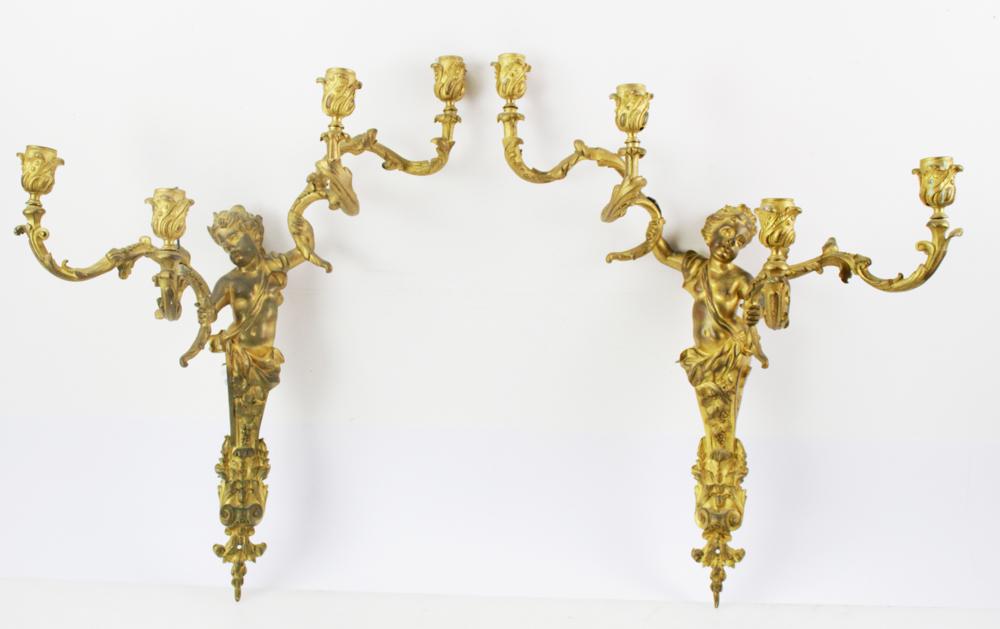 Pair of 19thC French Gilt Bronze Figural Sconces (1 of 7)