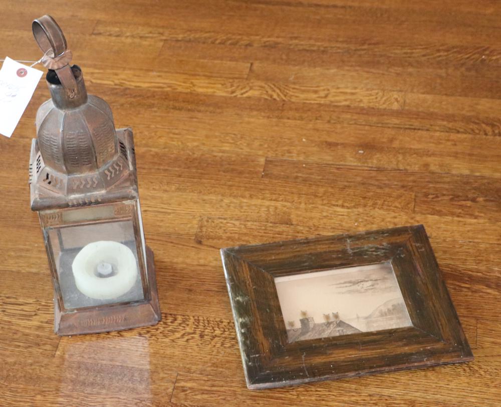 Tin Lantern and Folk Art Watercolor with Cats: Tin lantern, 20" H, and Folk Art watercolor with cats, 11" x 13" framed.