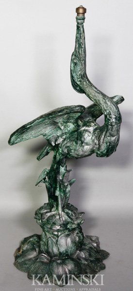 Fiske Zinc Figural Swan Fountain: J.W. Fiske zinc fountain in the form of a swan in courting mode, 38"h. Some repaired breaks, repatinated, some silver spray paint.