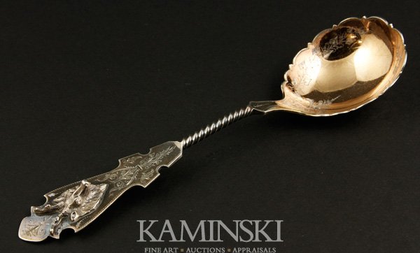 Duhme & Co. Silver Serving Spoon: Duhme & Co. silver serving spoon with stag head, 9"l, approximately 2.7 troy oz tw.