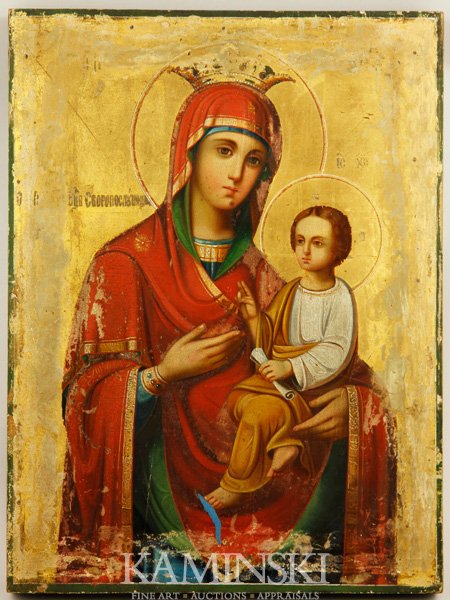 19th C. Russian Icon: 19th century Russian icon of the Holy Mother and Christ Child, finely hand-painted on wood panel, stamped information verso in Cyrillic, 14"h x 10 1/2"w. Some paint loss.