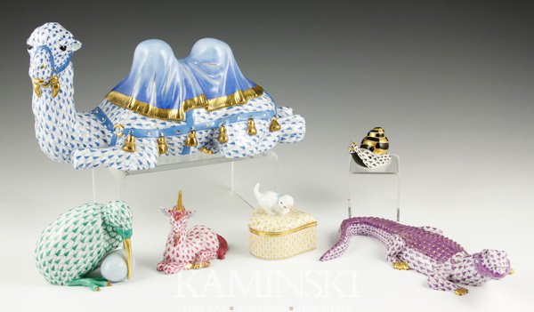 Lot of 6 Herend Porcelain Animals: Lot of six Herend porcelain (Hungary) animals to include seated camel 10" x 5 1/2", crocodile 8", unicorn 3 1/2" x 3 1/2", bird with egg 3"h, snail 1 1/2"h, cat on a box 2 1/2"h, all in fishnet design