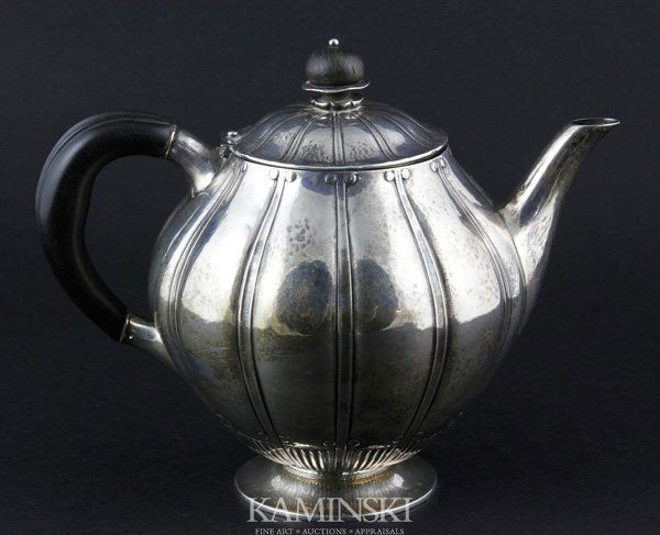 George Jensen Sterling Teapot: George Jensen sterling silver teapot, #353, marked Denmark 925, 7" x 8 1/4", approximately 18.2 troy oz tw.