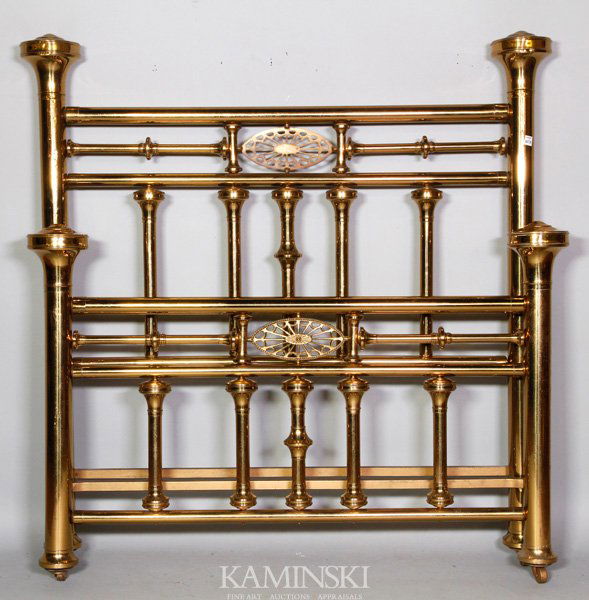 19th C. Ornate Brass Bed: 19th century ornate brass bed, 59"h (overall headboard) x 58"w x 81"l.