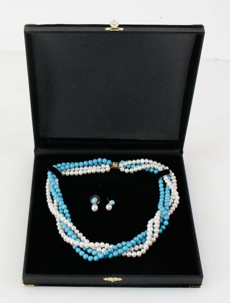 Sleeping Beauty Turquoise, Pearls, 14k Locket: Sleeping Beauty turquoise, freshwater pearls with 14k locket, with 14k pearl earrings. 18" L. With box. Provenance: Methuen, Massachusetts collection. PLEASE NOTE: payment for silver, gold, jewelry, a