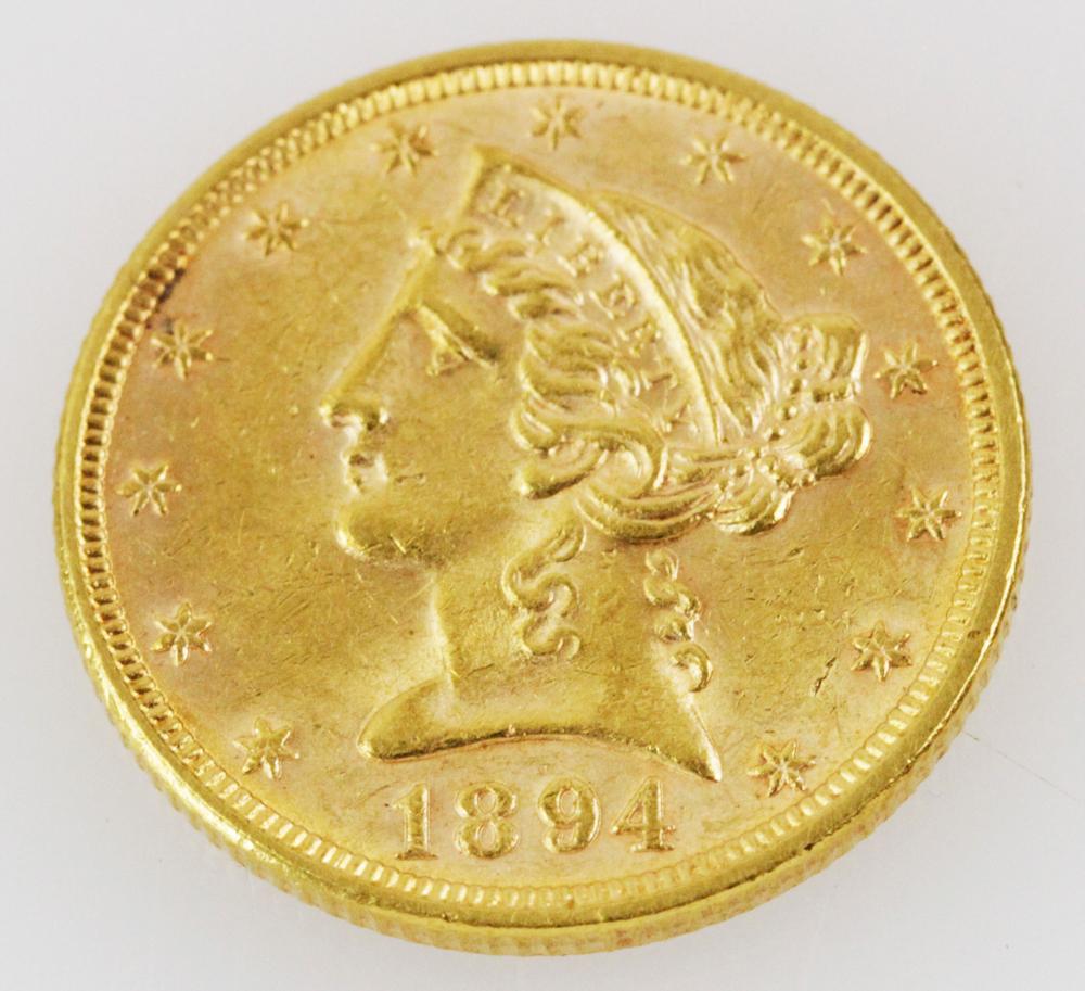 1894 Liberty Head 5-Dollar Gold Coin: 1894 Liberty Head 5-dollar gold coin. MS62-MS63. Provenance: West Palm Beach, Florida estate. PLEASE NOTE: payment for silver, gold, jewelry, and coins must be made via wire transfer, cash, or certifi