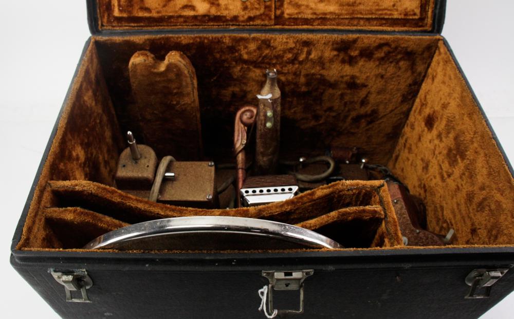 Old Portable Record Player: Old portable record player. Provenance: Lawrence, Massachusetts collection.