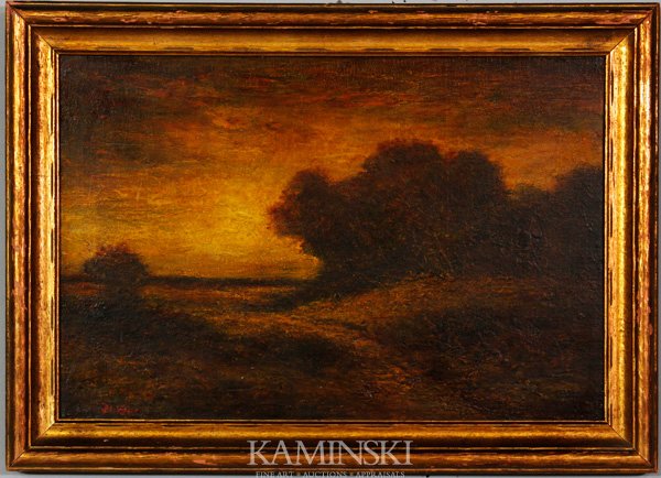 Blakelock, Sunset Landscape, O/B: Ralph Albert Blakelock (American, 1847-1919), sunset landscape, oil on board, signed lower left, 16" x 24", 20 1/2" x 28" (frame).