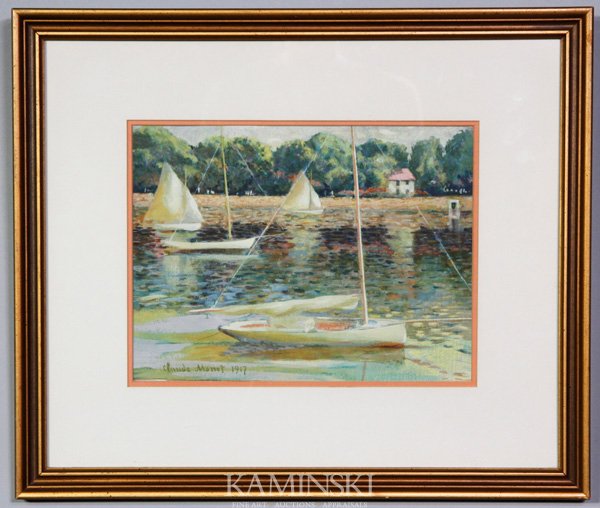 After Monet, Sailboats, W/C: In the manner of Claude Monet, sailboats at Argenteuil, watercolor, signed and dated 1917 lower left, 8 1/4" x 11", 16" x 19" (frame under glass).