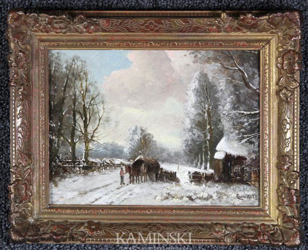 Apol, Dutch Horse Drawn Wagon, O/P: Signed Louis Apol (Dutch, 1850-1936), horse drawn hay wagon in winter, oil on wood panel, signed lower right, inscription in pencil verso, 7" x 9 1/2", 10" x 12" (frame).