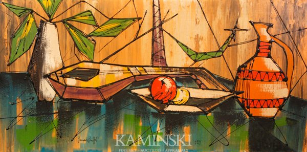 Attr. Buffet, Still Life, O/M: Attributed Bernard Buffet (French, 1928-1999), still life with a mandolin, oil on masonite, signed and dated 1971 lower center, 24" x 48". Provenance: from a Westchester, New York estate.