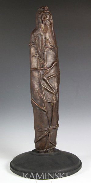 Baskin, Man in Robe, Bronze: Leonard Baskin (American, 1922-2000), man in robe, bronze on black wood base, 20" x 4 1/2", 22 1/2"h x 10" (with base). Provenance: Baskin delivered this piece to the Hamden foundry for casting. Gift