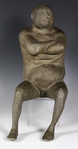 Baskin, Seated Man, Aluminum and Brass: Leonard Baskin (American, 1922-2000), seated man with folded arms, aluminum and brass mixture, 14 1/2" x 5 1/2" x 8 1/2". Provenance: gift to Joseph Deliso, president of Hamden Foundry, Springfield, M
