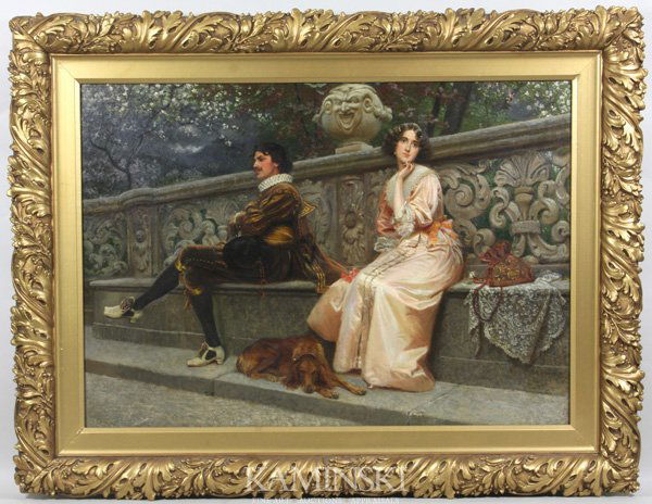 Attr. Prinsep, Italian Courtyard Scene, O/C: Attributed to Valentine Cameron Prinsep (British, 1838-1904), Italian courtyard scene of a couple with a dog, oil on canvas, signed "Val C. Prinsep 1891" lower right, 26" x 35 3/4", 34 3/4" x 45" (fra
