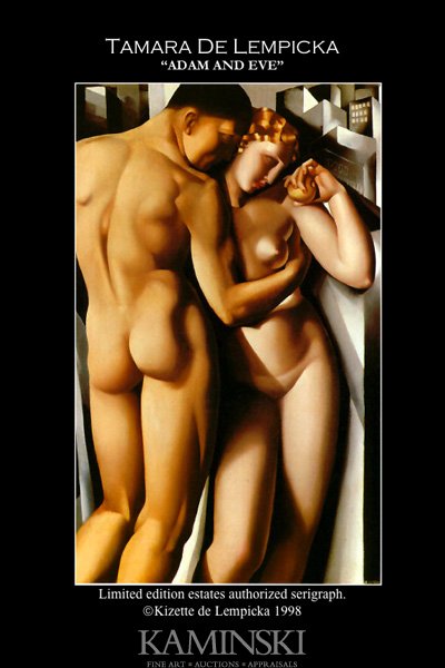 De Lempicka, "Adam and Eve", Serigraph: Tamara De Lempicka (Polish, 1898 - 1980), "Adam and Eve", original estate stamped serigraph, 30 1/2"h x 24 1/2"w (sight), 46"h x 39"w (frame). Includes full color art press book "Tamara de Lempicka, t