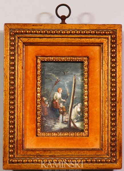 Tenier, Witches, Painting on Ivory: Group of witches, painting on ivory, signed "N. Tenier" lower center, late 19th/early 20th century, 3 1/8" x 5", 8" x 10" (frame).