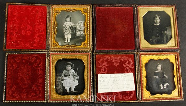 Collection of 4 Daguerreotypes of Children: Collection of four daguerreotypes of children, little girl on chair wearing a hat, little girl on chair, little girl next to sofa, girl with hand on a table, all sixth plates, full cases, 3 1/4"h x 3 