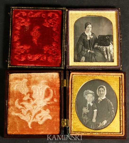 2 Rare Daguerreotypes of Women's Occupations: Two rare daguerreotypes of women, one of a hat maker, one of a bag maker, the bag maker is an older woman with a child holding scissors, sixth plates, Gutta Percha split cases, 3 3/4" x 3 1/4". Occupa