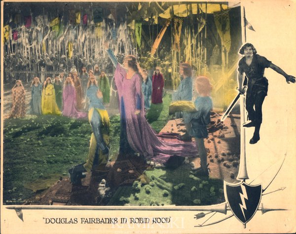 "Robin Hood" and "The Iron Mask", Lobby Cards: "Robin Hood", three lobby cards, featuring Douglas Fairbanks, circa 1922; "The Iron Mask", two lobby cards, featuring Douglas Fairbanks, circa 1929, all 11" x 14". One with tear to bottom edge of card