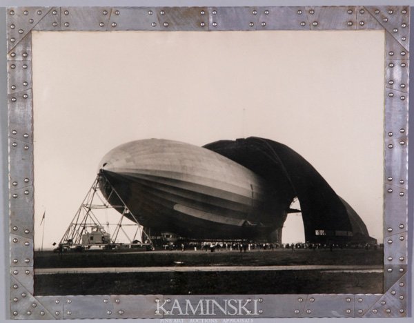 Bourke-White, Arc Ship Akron, Gelatin Silver Prin: Margaret Bourke-White (American 1904 - 1971), Air Ship Akron, gelatin silver print, circa 1931, signed in the lower image lower right, inscribed "winner JB Gilles 3rd Annual Good Year dealers Zeppelin