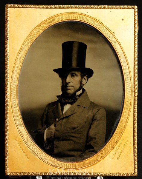Ambrotype of Gentleman: Impressive quarter plate ambrotype of a gentleman in a large stove top hat in a Napoleonic pose, Cunning and Bowdin photographer, no case, crisp image, Boston photographers, circa 1850-1865, 5 1/2"h x