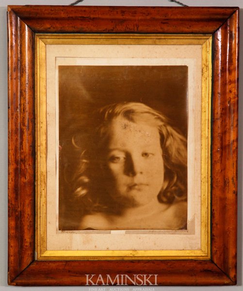 Cameron Photograph of Gould: Margaret Julia Cameron photograph of Freddie Gould, signed front and back, wooden frame, 19"h x 22"w.
