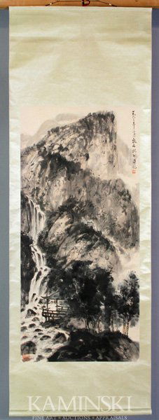 Chinese Scroll Painting: Scroll painting, China, ink and color on paper, attributed to Fu Baoshi, of a residence in a mountain landscape, 53" x 24 1/2".
