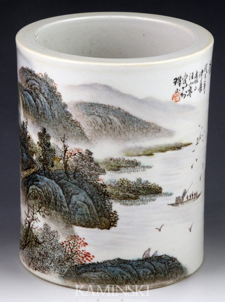 20th C. Chinese Famille Rose Brush pot: Famille rose brush pot, China, early 20th century, the cylinder body decorated with a detailed landscape scene, with calligraphy above, with marking on base, 5 3/4"h x 4 3/4"w.